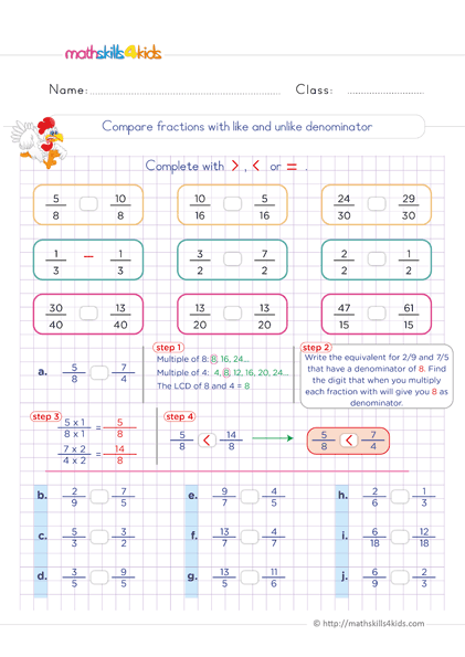 Mixed Numbers and Fractions Worksheets 6th Grade PDF - compare fractions with like and unlike denominator