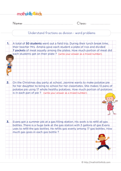 6th Grade Math worksheets - interpreting fractions as division word problems