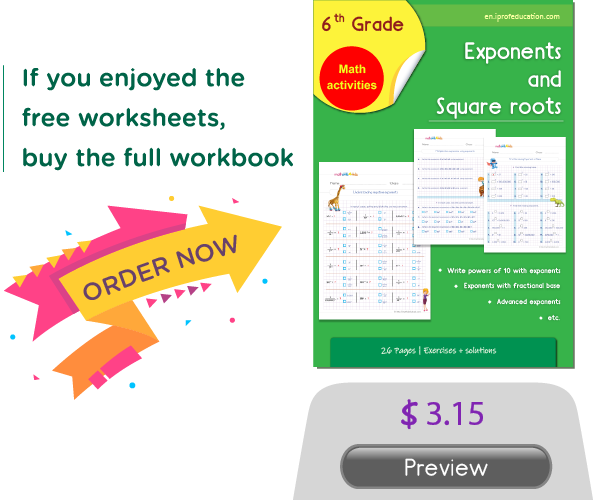 6th Grade Math exponents and square roots workbook