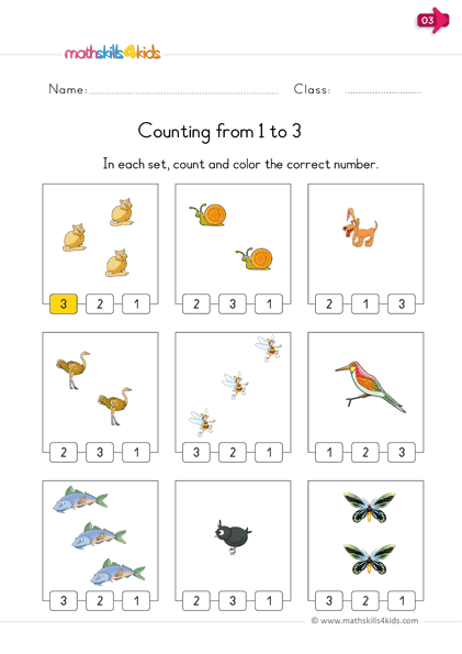kindergarten math worksheets - numbers 1 to 3 numbers recognition