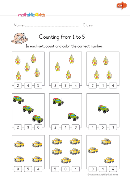 kindergarten math worksheets - counting objects up to 5