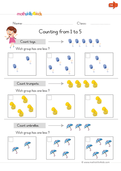 kindergarten math worksheets - count objects up to 5 - which group has one less