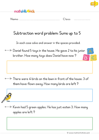 kindergarten subtracting from numbers up to 5 word problems worksheets