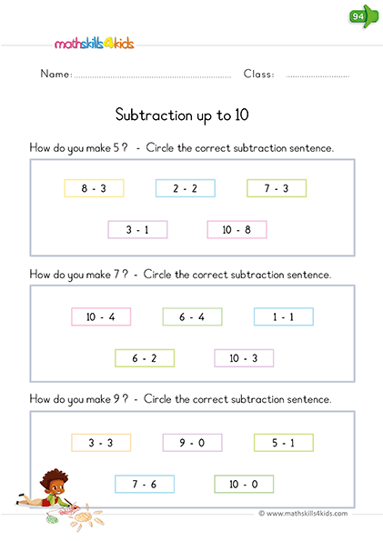 Subtraction within 10 worksheets for kindergarten - Make a number using subtraction