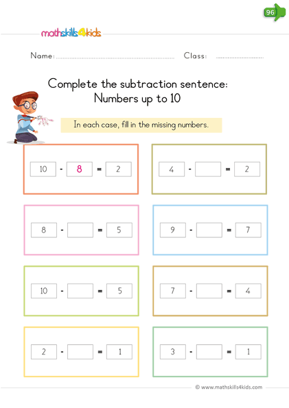 kindergarten math worksheets - subtraction up to 10 - complete the subtraction sentences