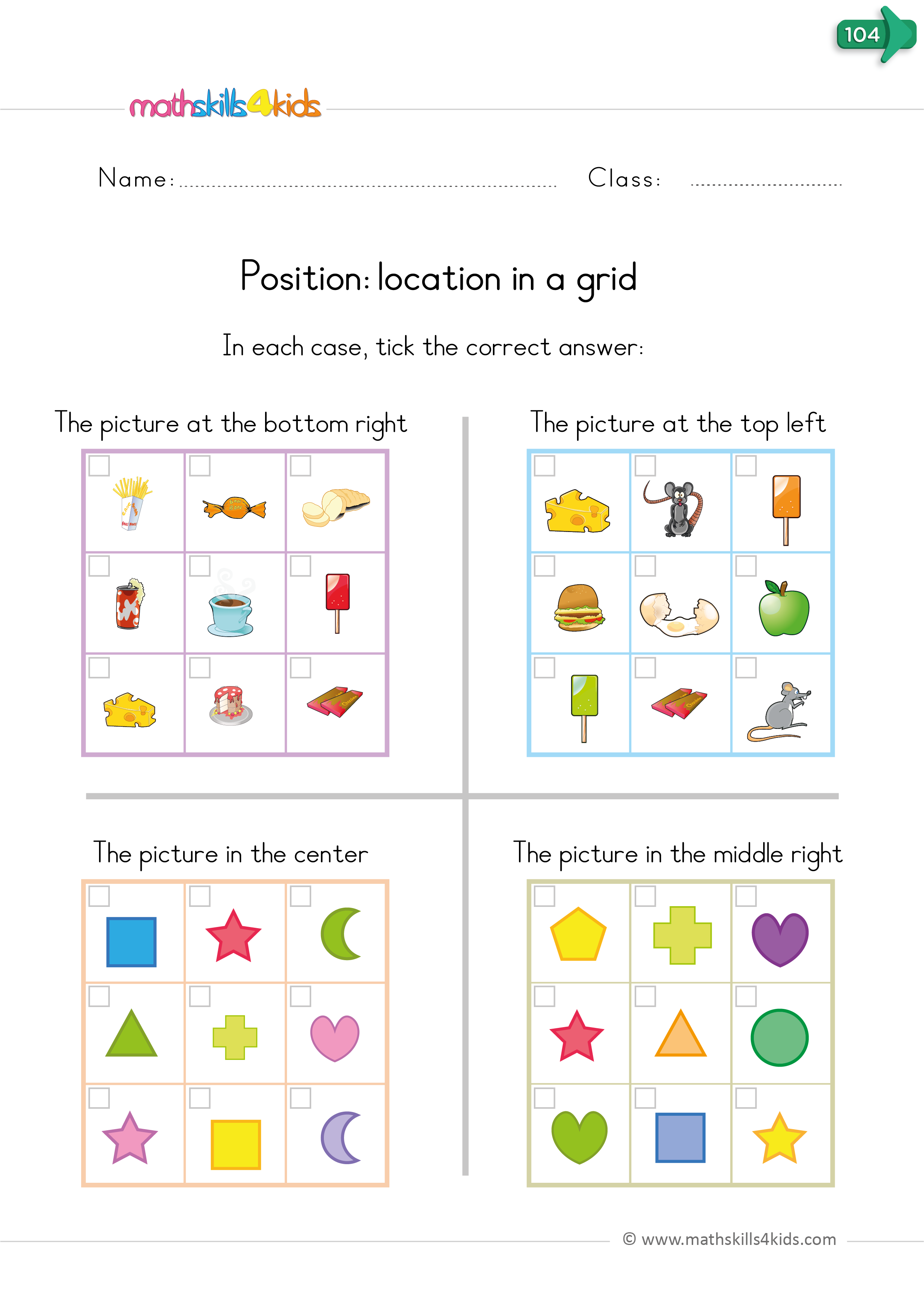 kindergarten math worksheets - positional words grid location top-right, bottom center, etc.