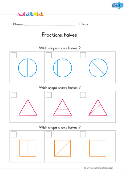 kindergarten fractions worksheets - identify halves