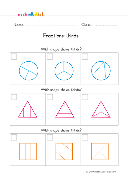 Fraction worksheets for kindergarten - identifying thirds