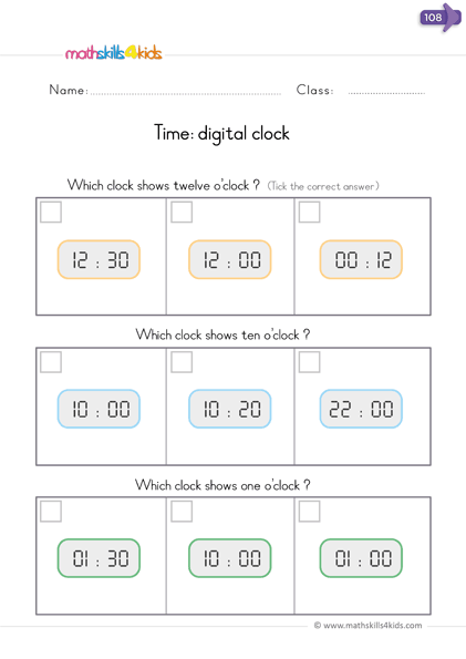 Telling time made easy worksheets for kindergarten kids - digital watch