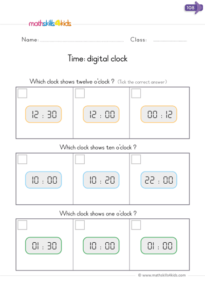 Digital Clock Worksheet: Telling Time by the Hour Free Printable for Kids