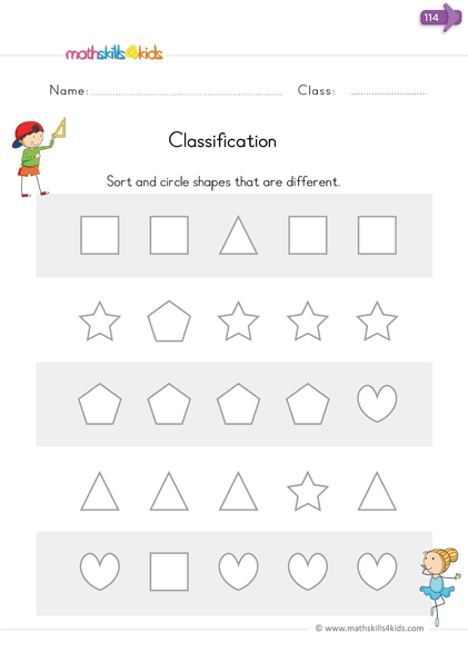 Kindergarten shapes worksheets - sort out and circle the different shape