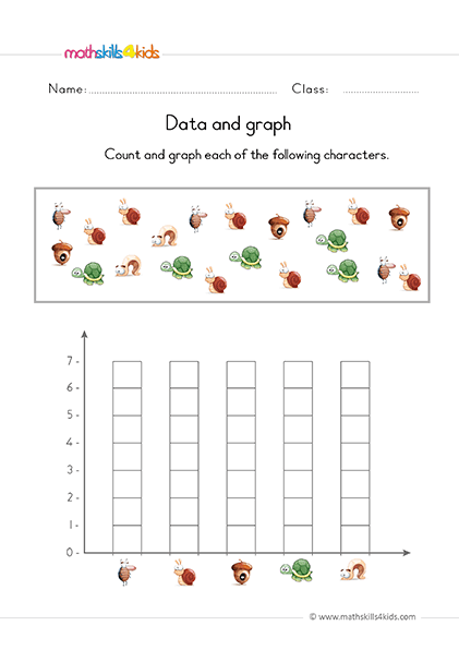Data and Graphs Worksheets for Kindergarten - Count and graph the characters
