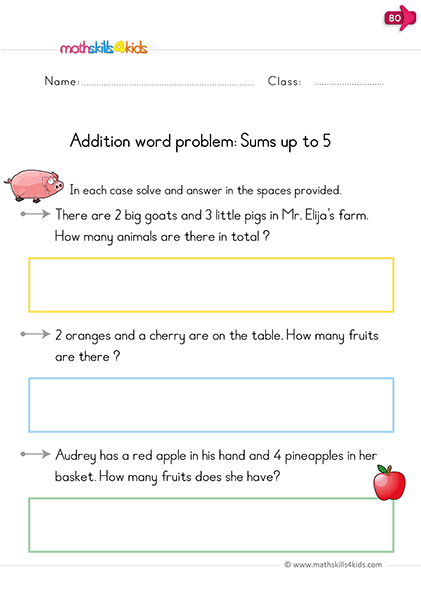 Sum and difference: Kindergarten addition and subtraction worksheets - Adding to 5 word problems