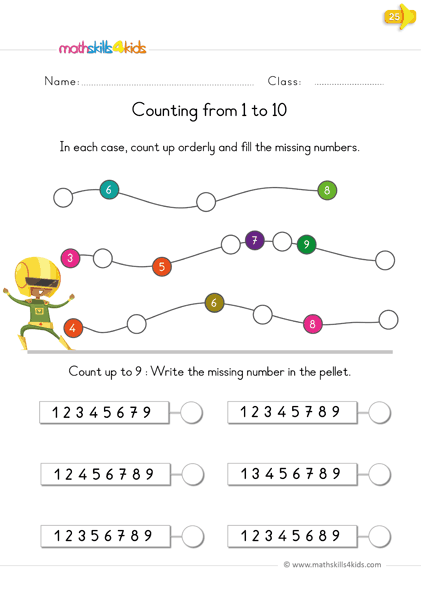 kindergarten math worksheets - count objects up to 10 and fill the missing number