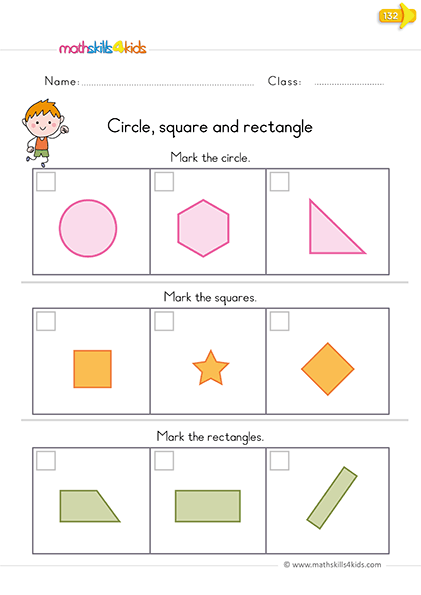 Identifying 2D shapes Worksheets - Circle, square and rectangle