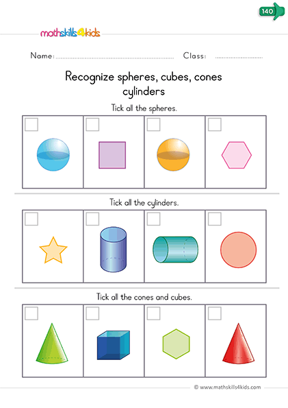 3D Shapes worksheets and activities for kindergarten - Recognize sphere, cubes, cones, and cylinders