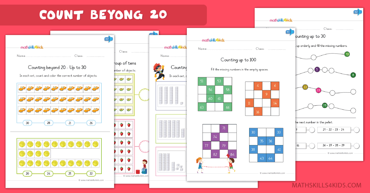 Kindergarten math worksheets - Learn to count from 20 to 100 worksheets