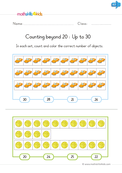 kindergarten math worksheets - counting objects beyond 20 and up to 100