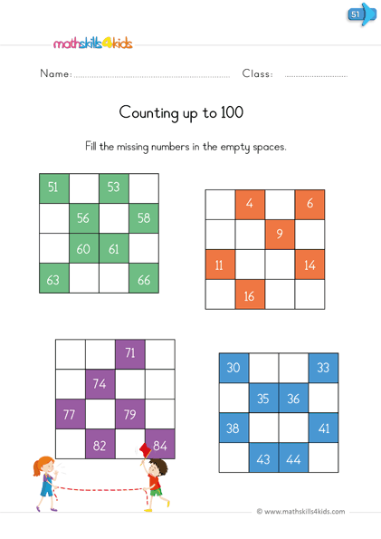 kindergarten math worksheets - count in hundred chart