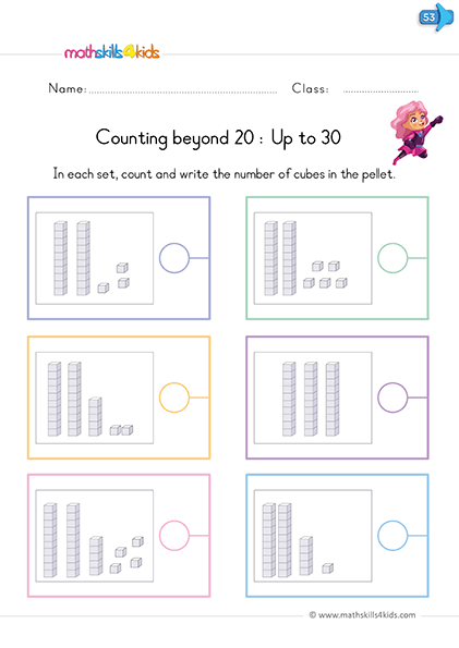 counting beyong 20 and up to 30 worksheets - tens and ones representation