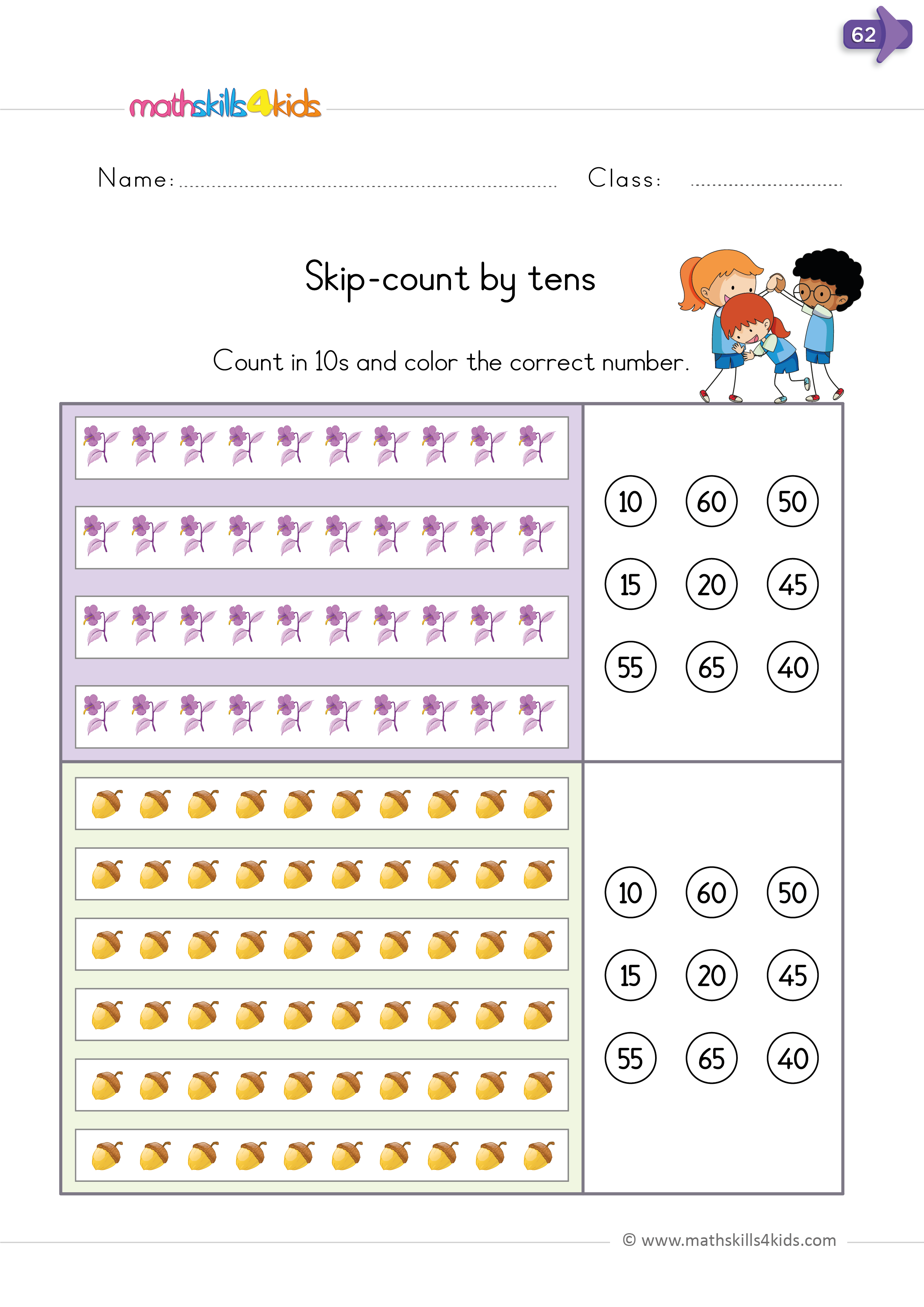 kindergarten math worksheet - skip count by tens up to hundreds