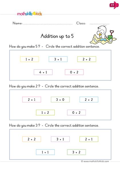 Free printable kindergarten worksheets for addition up to 5 - make a number using addition