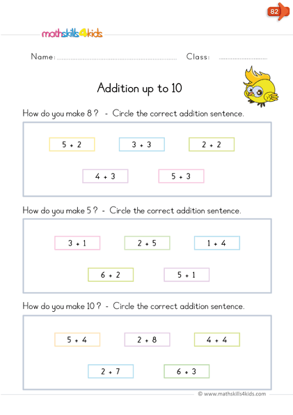 kindergarten math worksheets - addition up to 10 - match each sum with the correct addition sentence