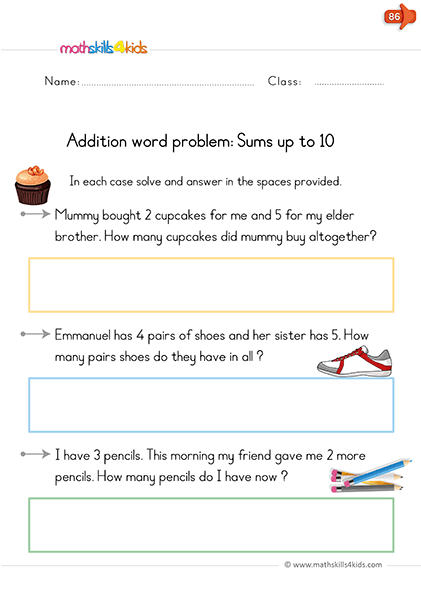 Free printable adding up to 10 worksheets for kindergarten - Addition with sums up to 10 word problems