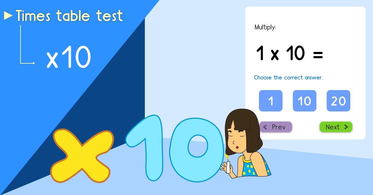 10 times table quiz - Multiply by 10 test - Free 10 times table math games online