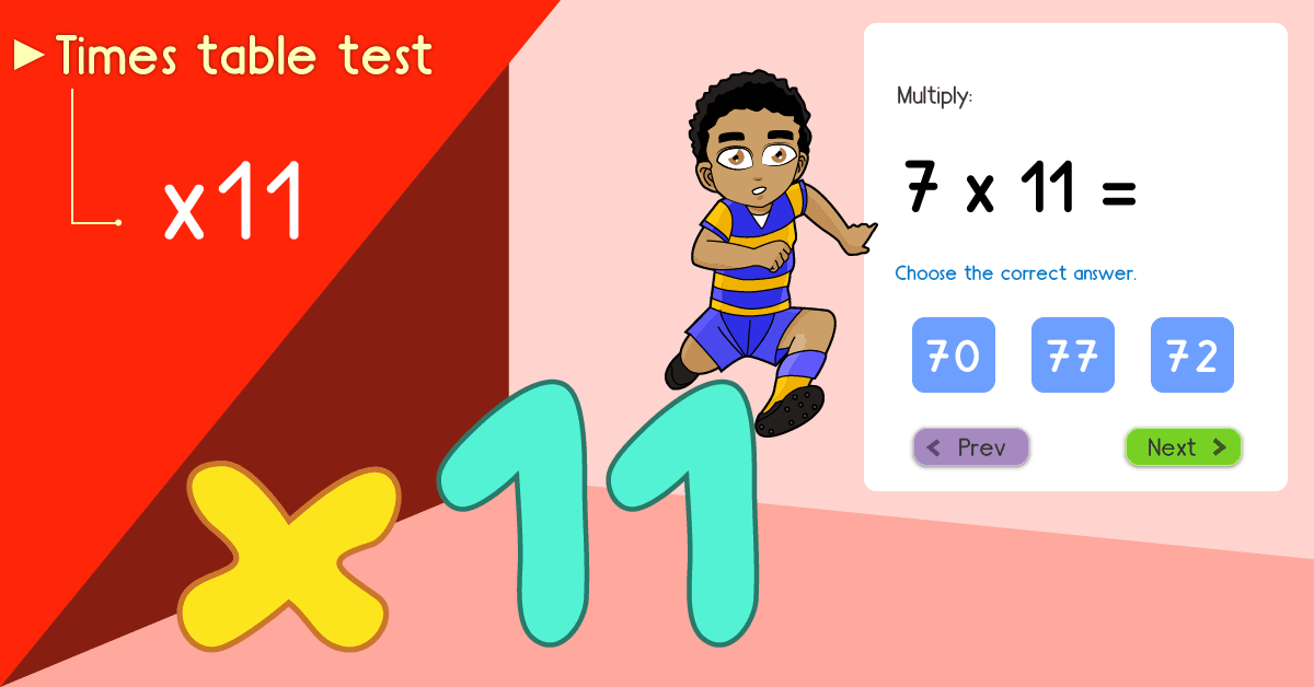 11 times table quiz - Multiply by 11 test - Free 11 times table math games online
