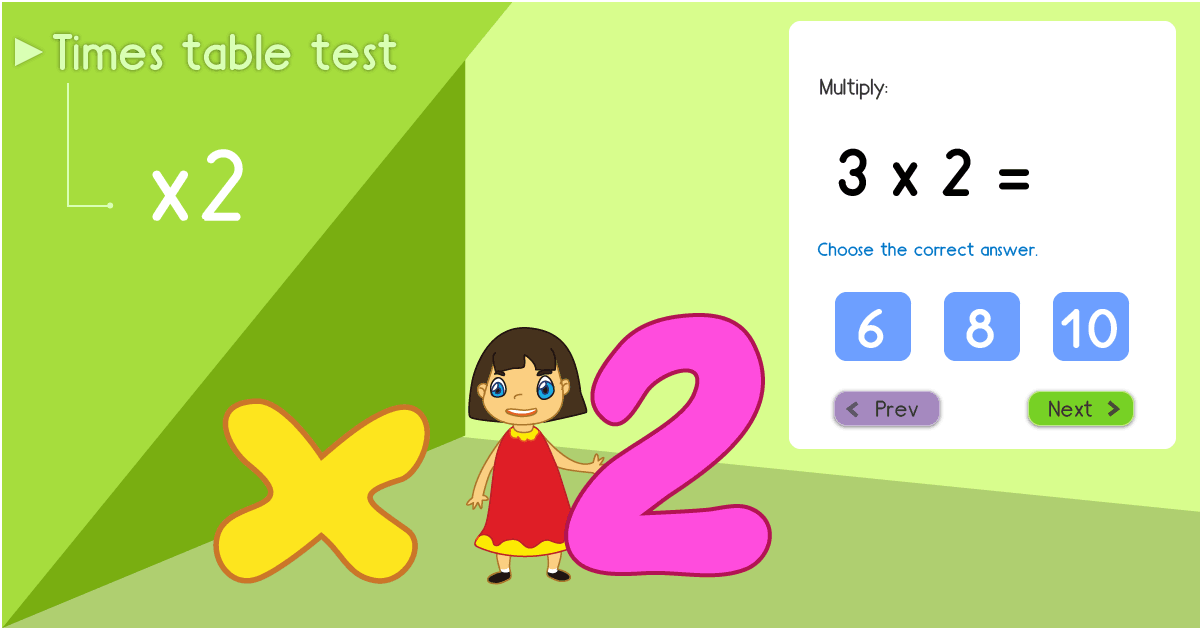 2 times table quiz - Multiply by 2 test - Free 2 times table math games online