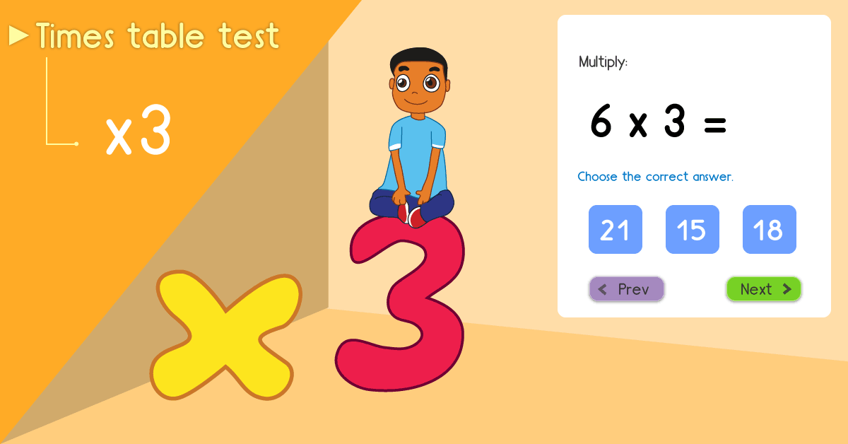 3 times table quiz - Multiply by 3 test - Free 3 times table math games online