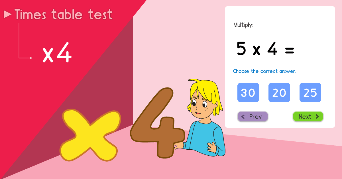 4 times table quiz - Multiply by 4 test - Free 4 times table math games online
