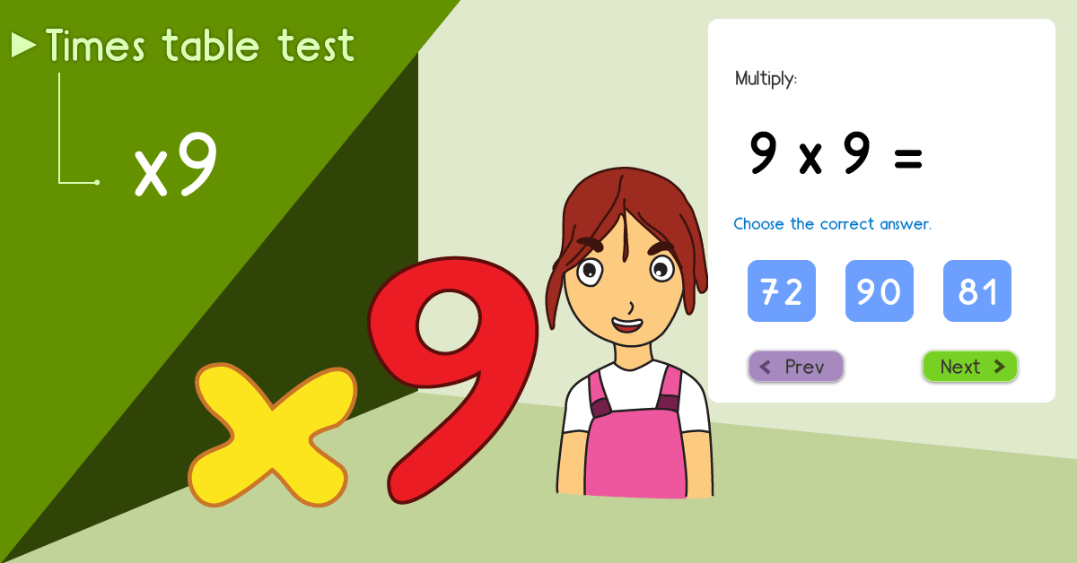 9 times table quiz - Multiply by 9 test - Free 9 times table math games online