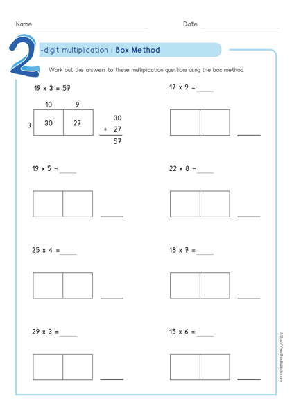 Box multiplication method - Partial product multiplication worksheet 2 by 1