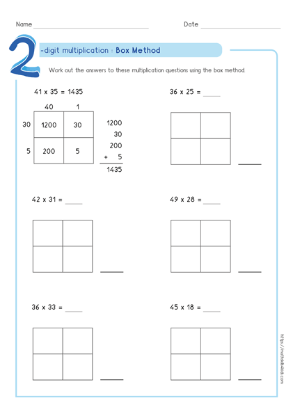 Box multiplication method - Partial product multiplication worksheet 2 by 2