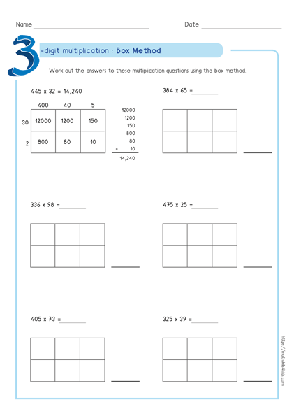 Box multiplication method - Partial product multiplication worksheet 3 by 2