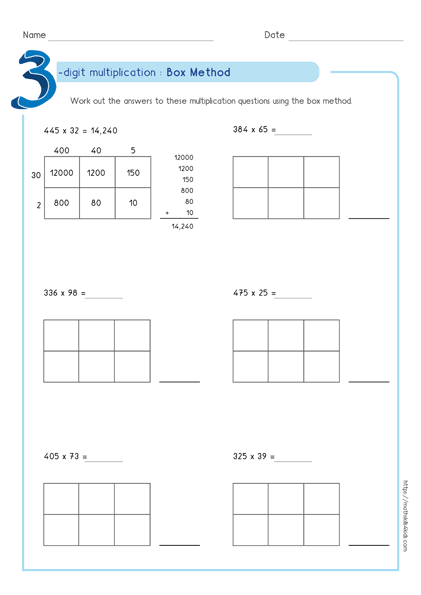 Box method multiplication worksheets PDF | Partial product multiplication  worksheets