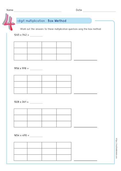 Box Method multiplication worksheets PDF Partial Product multiplication worksheets 