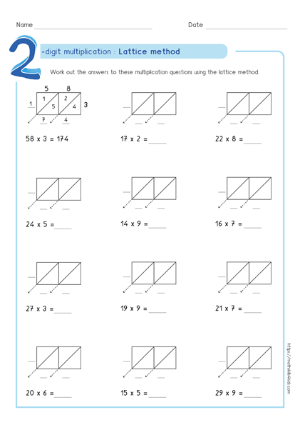 Lattice multiplication worksheets PDF | Printable multiplication tests