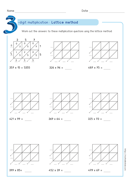 Lattice multiplication method - lattice multiplication worksheet 3 by 2