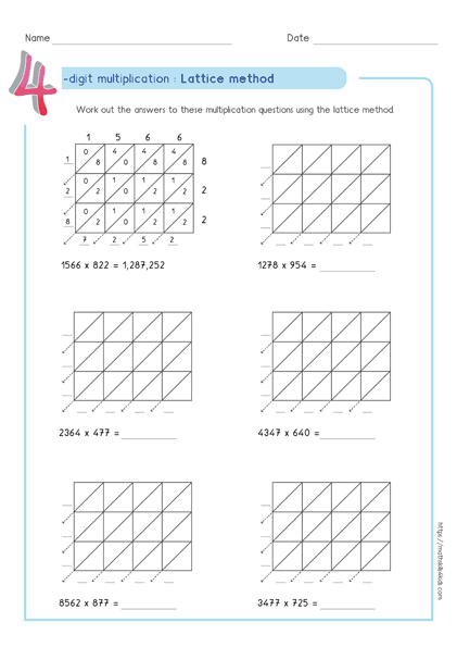 Lattice multiplication method - lattice multiplication worksheet 4 by 3