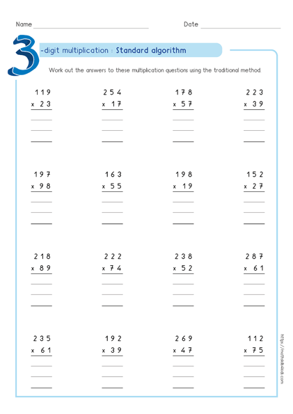 Standard algorithm method - Partial product multiplication worksheet 3 by 2