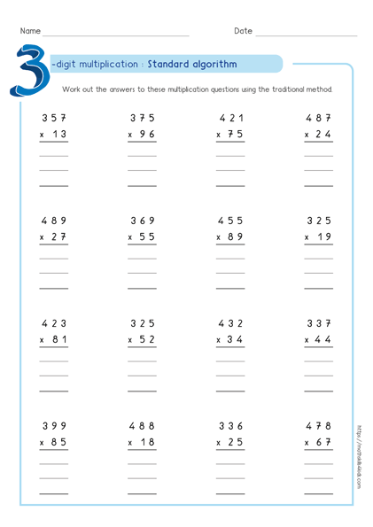 Standard algorithm multiplication worksheet 3-digit by 3-digit number