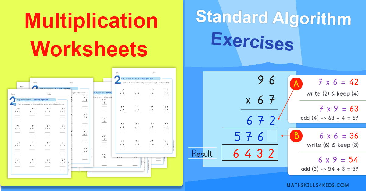 Standard Algorithm multiplication worksheets PDF - multiplication printable tests