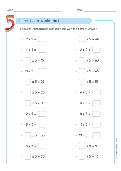 5 times table worksheets PDF | Multiplying by 5 activities