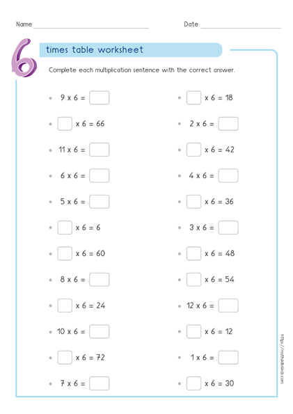 6 times table worksheets PDF - Multiplying by 6 activities