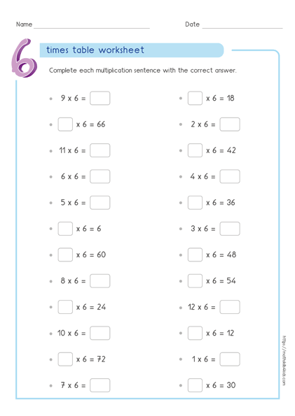 6 Times Table Worksheet