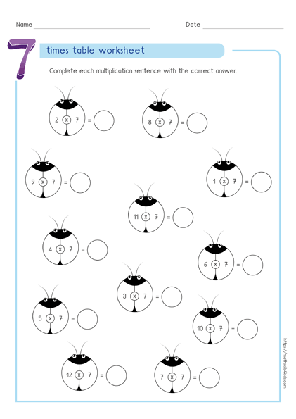 7 times table worksheets PDF - Multiplying by 7 activities