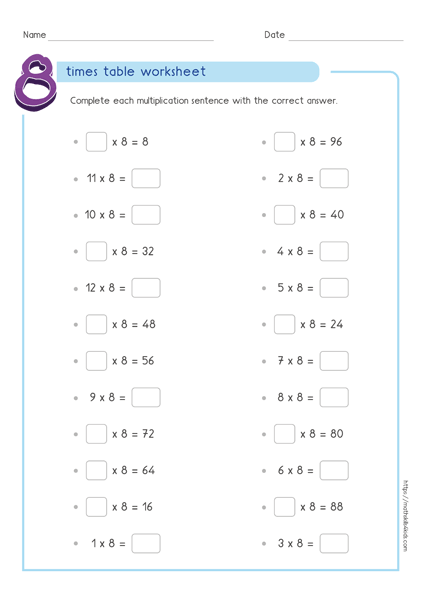 8 times table worksheets PDF - Multiplying by 8 activities